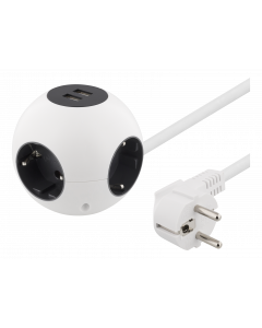 DELTACO Pallonmuotoinen haaroituspistoke, 2xUSB-A 5V 2.1A, 4xCEE 7/4, 1xCEE 7/7, vi
