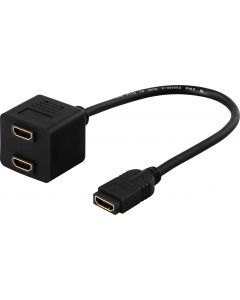 DELTACO HDMI-sovitin, 10cm, musta, 1xHDMI ho - 2xHDMI ho, 19-pin