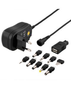 Deltaco Nätadapter 100-230V till 3-12V DC, 1A, Utbytbara Kontakter, USB, Svart